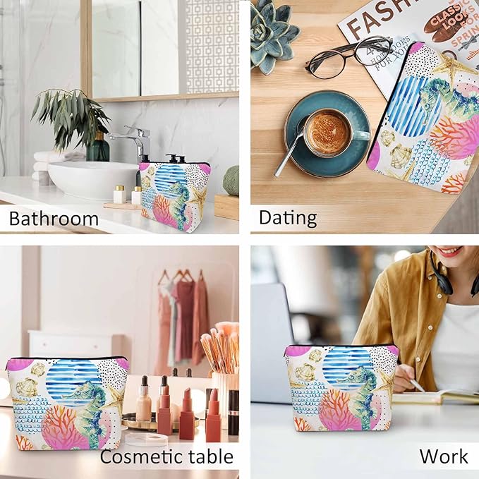 Kalygon Makeup Bag Seahorse Makeup Bags For Purse Pouch, Sea Animal Coral Reef Seashell Seahorses Travel Toiletry Bag Cosmetic Bag Makeup Bags Flax Makeup Organizer Bag Pencil Pouch For Man Woman