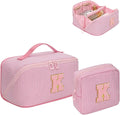 2026 Graduation Gifts - Travel Makeup Bag for Women, 2Pcs Portable Personalized Initial Makeup Organizer Bag, Open Flat Large Cosmetic Bag With Travel Essential Pouch (Pink Letter K)