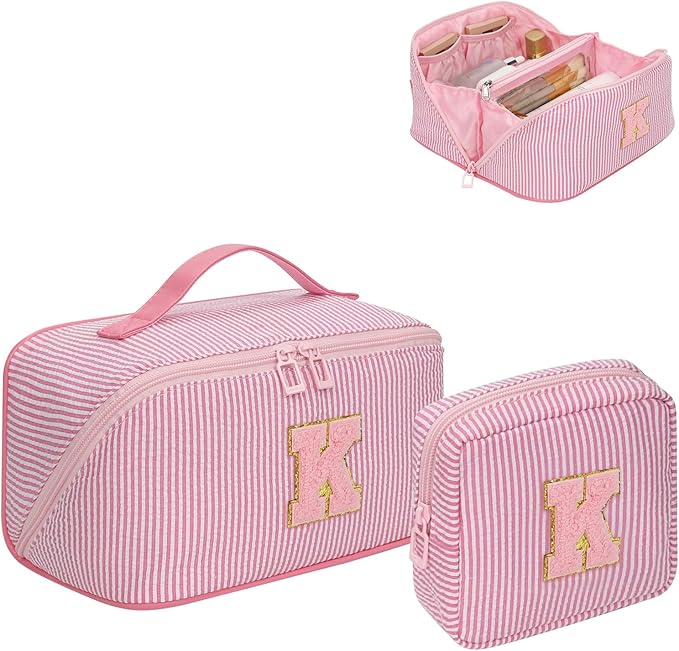 2026 Graduation Gifts - Travel Makeup Bag for Women, 2Pcs Portable Personalized Initial Makeup Organizer Bag, Open Flat Large Cosmetic Bag With Travel Essential Pouch (Pink Letter K)