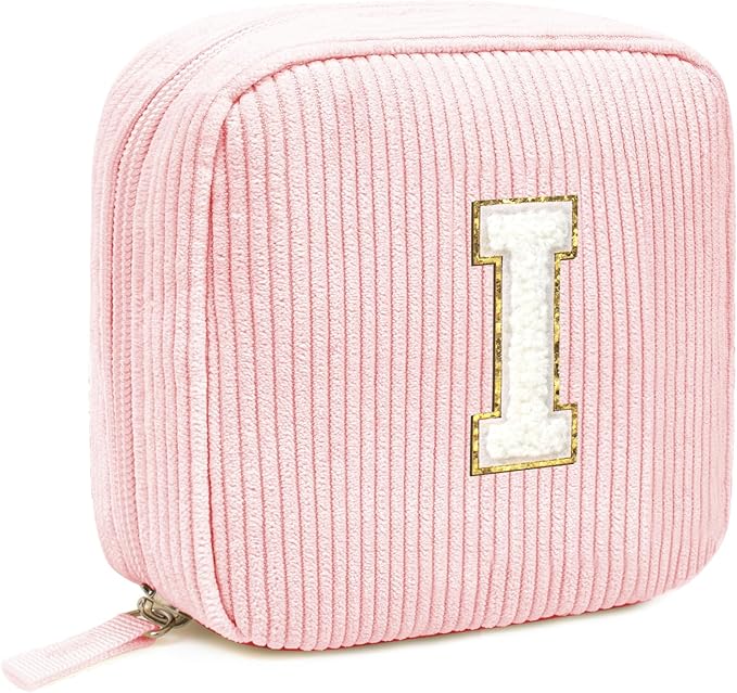 Cute Monogram Personalized Initial Makeup Bag - Pink Cosmetic Pouch - Friendship Sister Teacher Gifts (Letter I, Pink)
