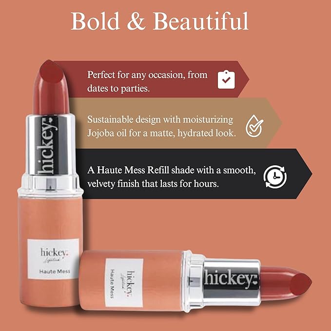 Hickey Lipstick Refill - Haute Mess (Terracotta) - Hydrating Formula with Jojoba Oil, Long Lasting Velvet Finish Lipstick for Women - Vegan & Gluten-Free
