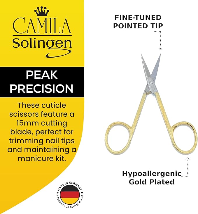 Camila Solingen CS05 Professional Nail Cuticle Scissors, Hypoallergenic Gold Plated Sharp Curved Manicure Pedicure Grooming for Finger and Toe Nail Care. Made of Carbon Steel in Solingen, Germany