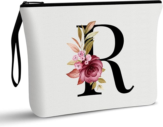 Vavabox A-Z Personalized Makeup Bag, Birthday Gifts for Women Mom, Gifts for Best Friend, Bride Bridesmaid Cosmetic bag (R, 01-White)