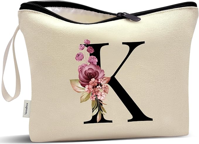 Vavabox A-Z Personalized Makeup Bag, Birthday Gifts for Women Mom, Gifts for Best Friend, Bride Bridesmaid Cosmetic bag (K, Cream Yellow)