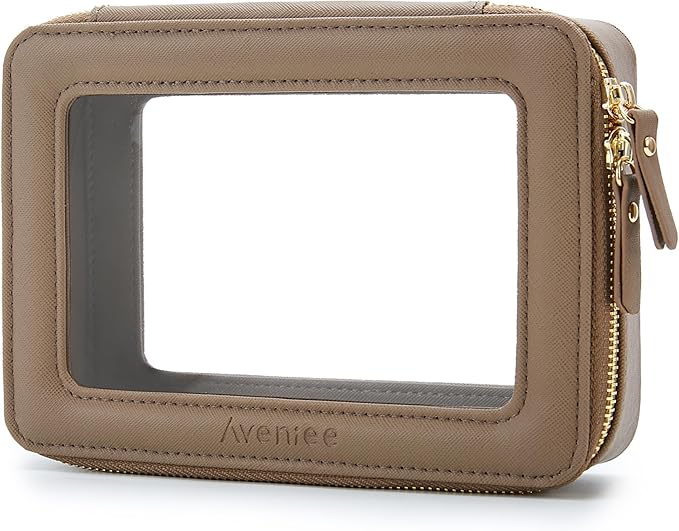 Aveniee Clear Makeup Bag for Women, Small Toiletry Travel Bag with Zipper, Portable Cosmetic Organizer Pouch for Skincare, Car Organizer Storage Bag for Essentials, Taupe,Medium Classic