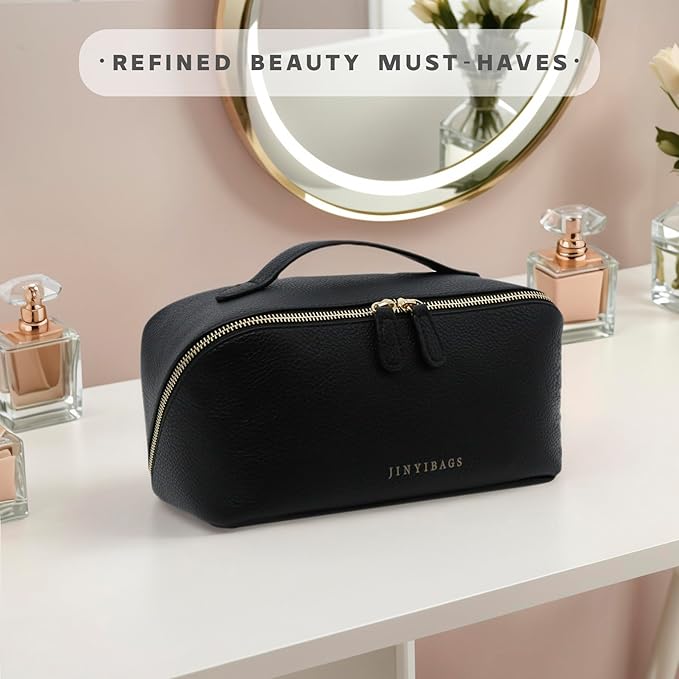 JINYIBAGS Travel Makeup Bag – Large Cosmetic Organizer with Waterproof PU Leather, Smooth Double Zipper & Tear-Resistant Lining, Toiletry Pouch for Women (Black)
