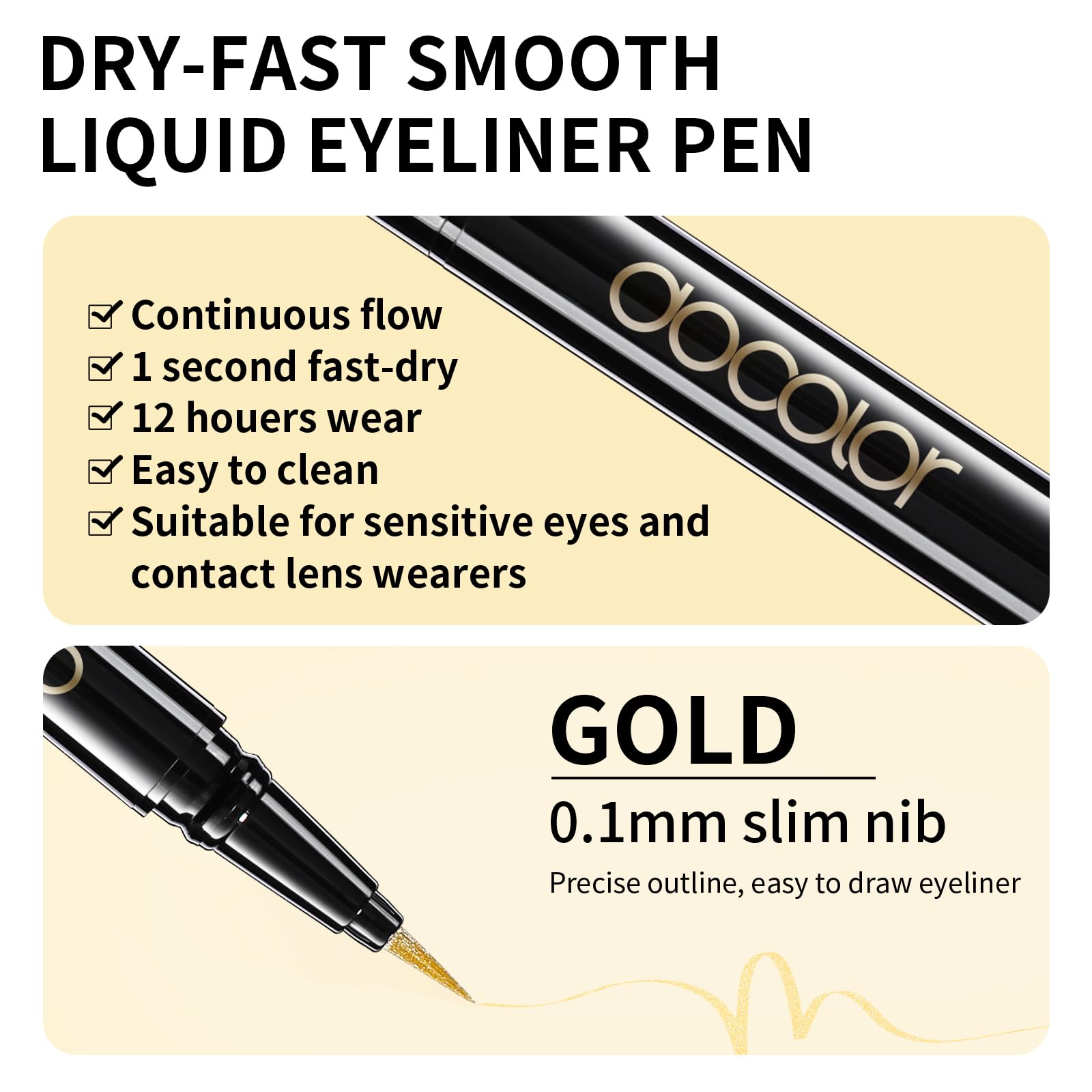 docolor Eyeliner, 2PCS Gold Liquid Eyeliner Waterproof Eye Liner Pen Super Slim Precise All Day Gold Eye Pencils Professional Makeup Liquid Eye Liner Pencil for Women