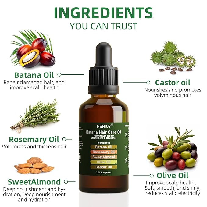 HENIUY Battana Hair Care Oil – 2Fl Oz Natural Rosemary & Sweet Almond Oil Blend for Hair Growth & Repair – Organic, Vegan, Cruelty-Free – Lightweight, Non-Greasy Formula for Women & Men