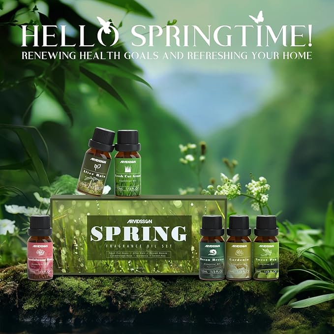 ARVIDSSON Spring Essential Oils Set, Natural Fragrance Oil for Diffuser - After Rain, Ocean Breeze, Fresh Cut Grass, Gardenia, Sweet Pea, Rose Sandalwood, Spring Scented Oil Gift Set