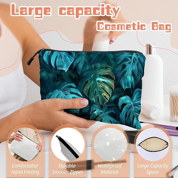 Scribesense Cosmetic Bags Travel Makeup Toilet Case Waterproof Pouch for Women Girls 6.7X9.45inches - Tropical Monstera Leaves in A Deep Teal Hue