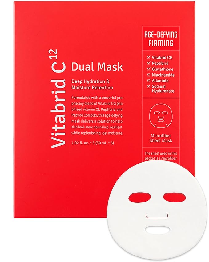 VITABRID C12 Dual Mask Korean Face Mask for Anti Aging, Firming, Hydrating, Nourishing with Highly Concentrated Peptide, Vitamin C Essence - Hypoallergenic Microfiber Sheet, 1.02 fl.oz. 5 Sheets