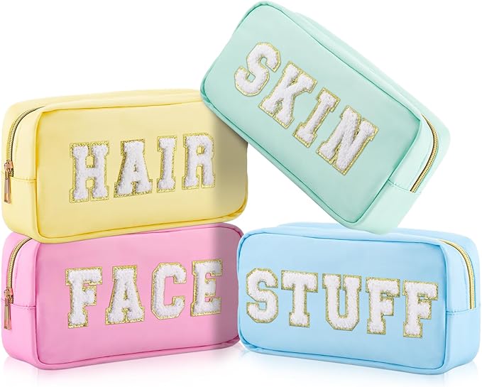 Cunno Preppy Makeup Bags Chenille Letter Stuff Bag Nylon Cosmetic Pouch Cases with Zipper for Women Travel Toiletry(Pastel Color,Classic,4 Pcs)