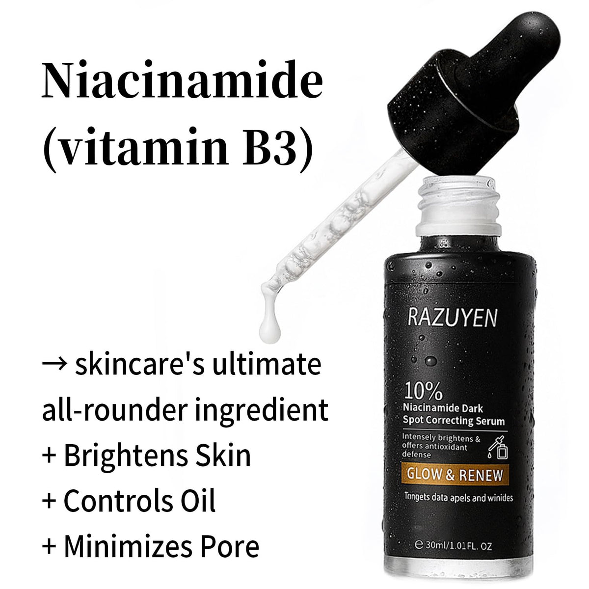RAZUYEN 10% Niacinamide Serum for face, with Panthenol & Arbutin, 30 ml