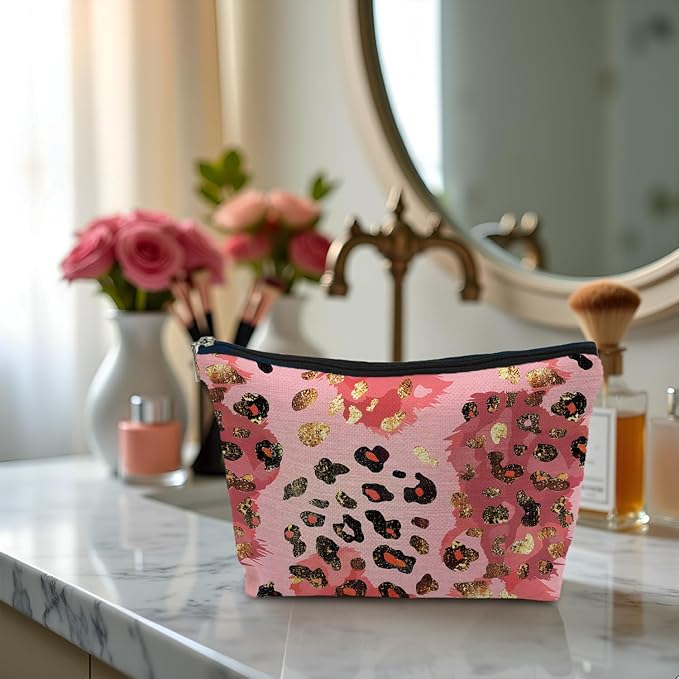 SAFDSGFDB Gold and Pink Leopard Print Makeup Bag, Preppy Girly Cosmetic Bags Gifts for Women, Funky Y2k Cheetah Print Portable Travel Toiletry Bag Zipper Makeup Pouch