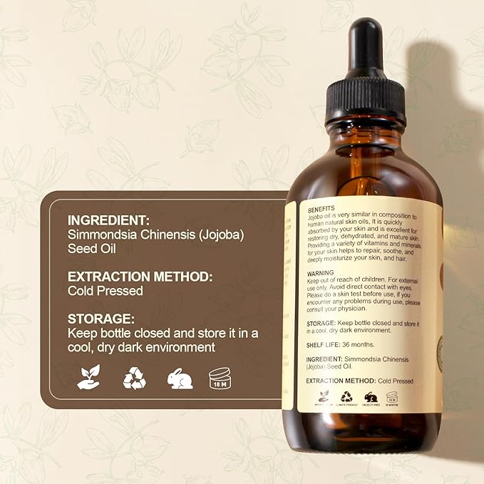 Yoken Organic Jojoba Oil 4oz with dropper, Pure for Nails, Face & Skin Care