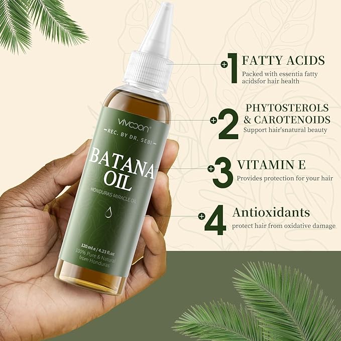 Vivccon Batana Oil for Hair Growth,100% Pure & Natural Raw Batana Oil, Dr. Sebi Organic from Honduras,Care for Hair Thickness,Scalp&Skin,4.23 fl oz,1 Bottle with 2 Caps