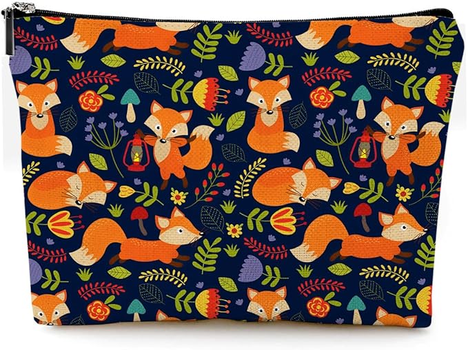 Givotin Small Makeup Bag for Purse Cute Canvas Waterproof Cosmetic Bags for Women Zipper Travel Toiletry Pouch-Fox Makeup Bags