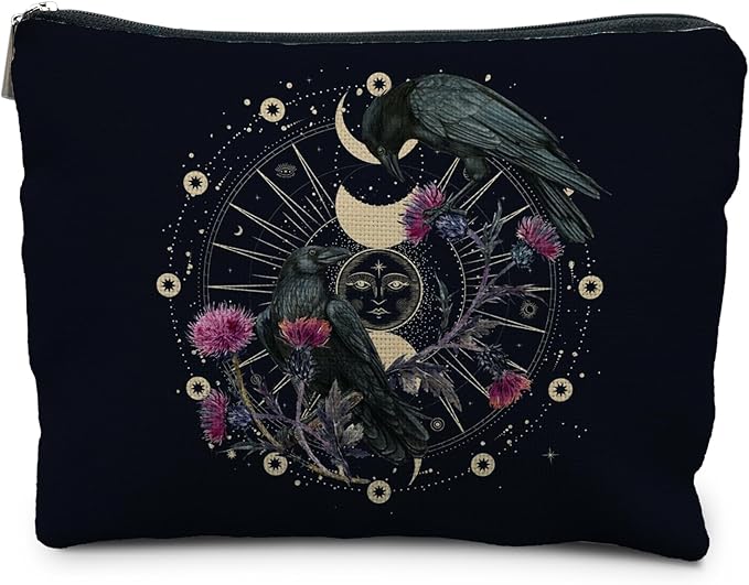 RYYCDOI Goth Raven Makeup Bag, Celestial Sun and Moon Phase Witchy Makeup Bag for Women, Witch Stuff, Halloween Black Crow Floral Cosmetic Bag Toiletry Bag for Women, Black