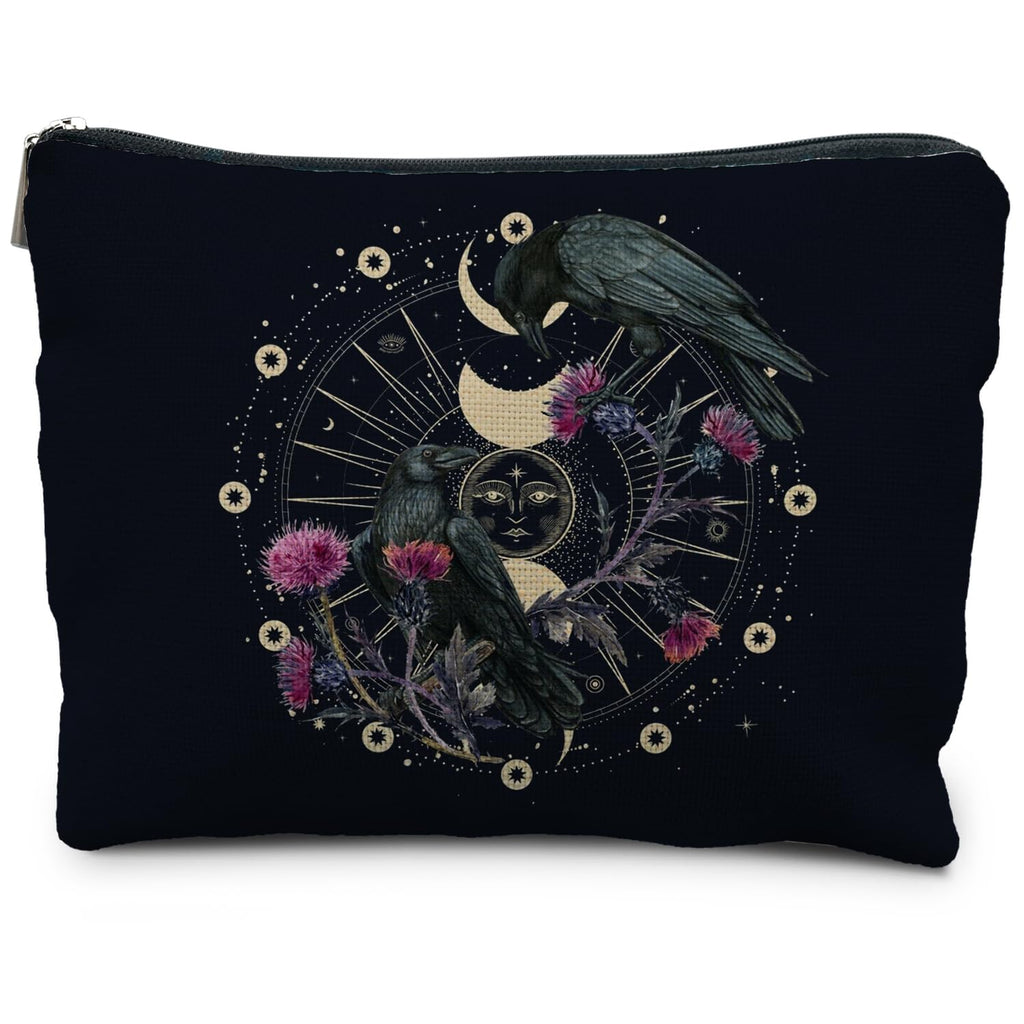 RYYCDOI Goth Raven Makeup Bag, Celestial Sun and Moon Phase Witchy Makeup Bag for Women, Witch Stuff, Halloween Black Crow Floral Cosmetic Bag Toiletry Bag for Women, Black