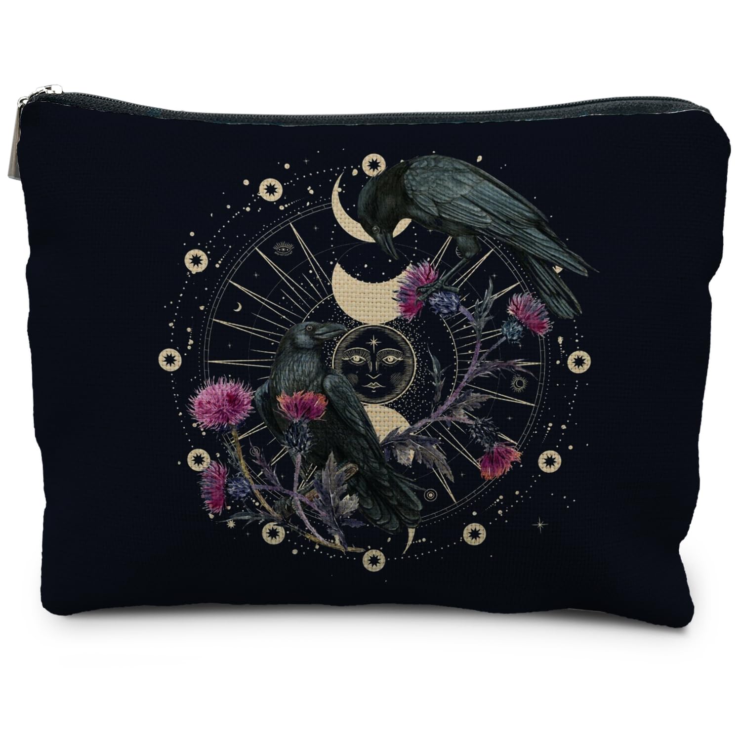 RYYCDOI Goth Raven Makeup Bag, Celestial Sun and Moon Phase Witchy Makeup Bag for Women, Witch Stuff, Halloween Black Crow Floral Cosmetic Bag Toiletry Bag for Women, Black