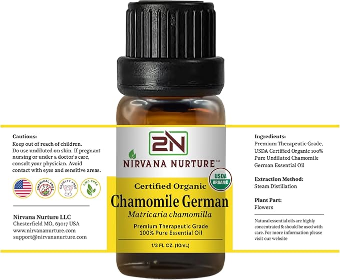 Nirvana Nurture Chamomile German Essential Oil USDA Certified Organic, 100% Pure Natural Premium Grade, Undiluted- Aromatherapy Diffuser for Calm and Relaxation, Skin Care, Hair Care