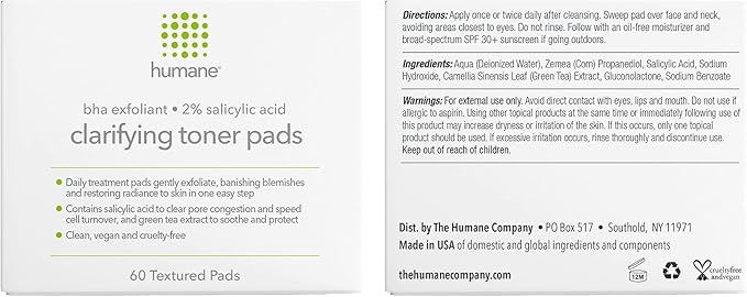 Humane Clarifying Toner Pads for Face - 2% BHA Liquid Salicylic Acid