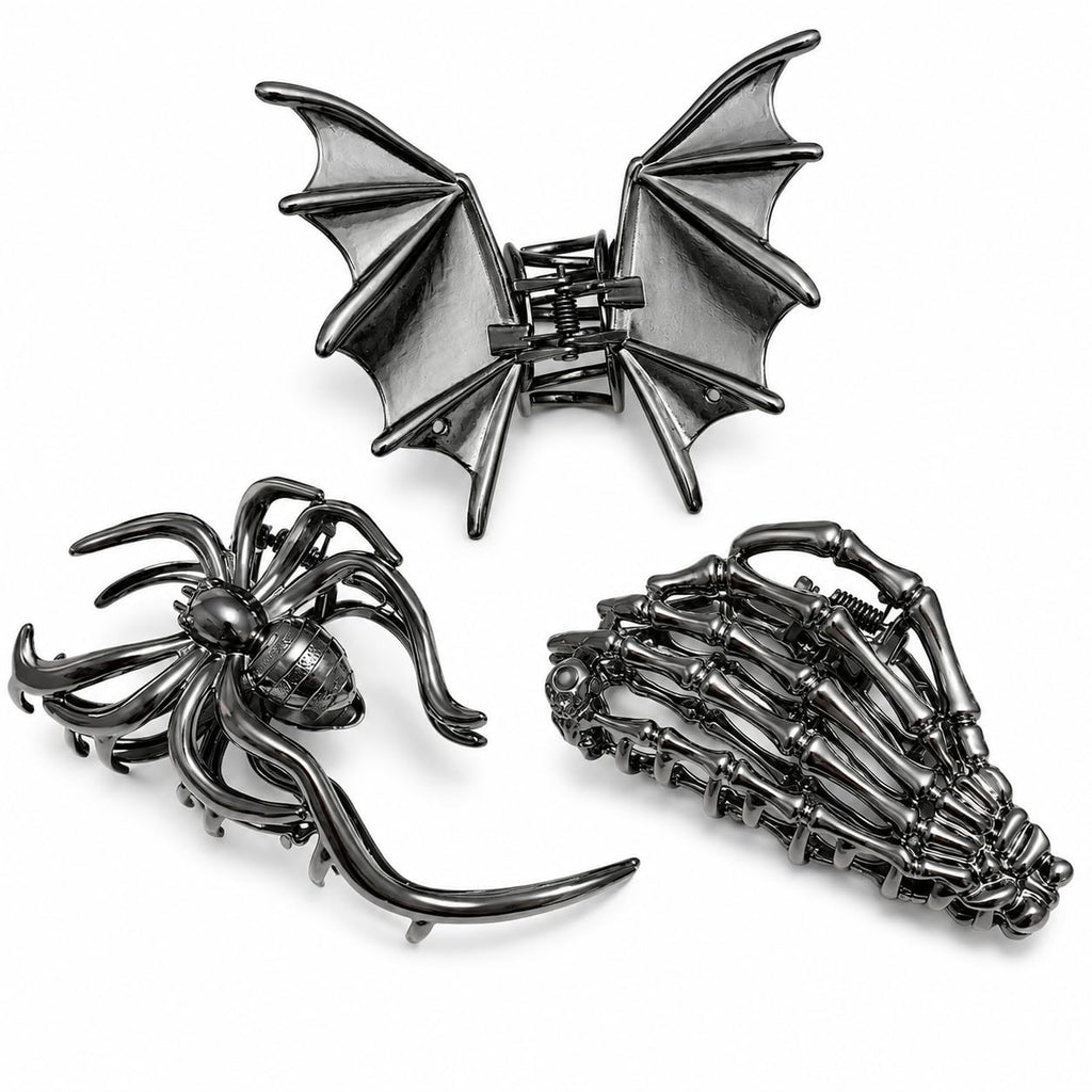 Parcce 3 PCS Gothic Hair Claw Clips for Women, Metallic Black Bat Spider Skeleton Hand Hair Clips, Strong Hold Halloween Hair Accessories for Thick Thin Hair, Costume Party Everyday Styling Gifts