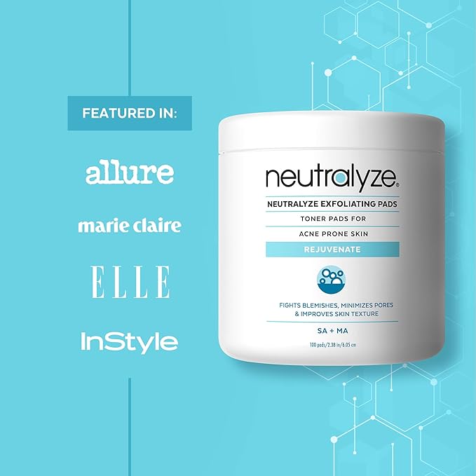 Neutralyze Acne Pads with DuoClear Acid System — 1% Salicylic + 1% Mandelic Dual-Textured Exfoliating Toner Pads for Face, Back & Body — Fragrance-Free, Low-Alcohol — Step 2 (100 ct)
