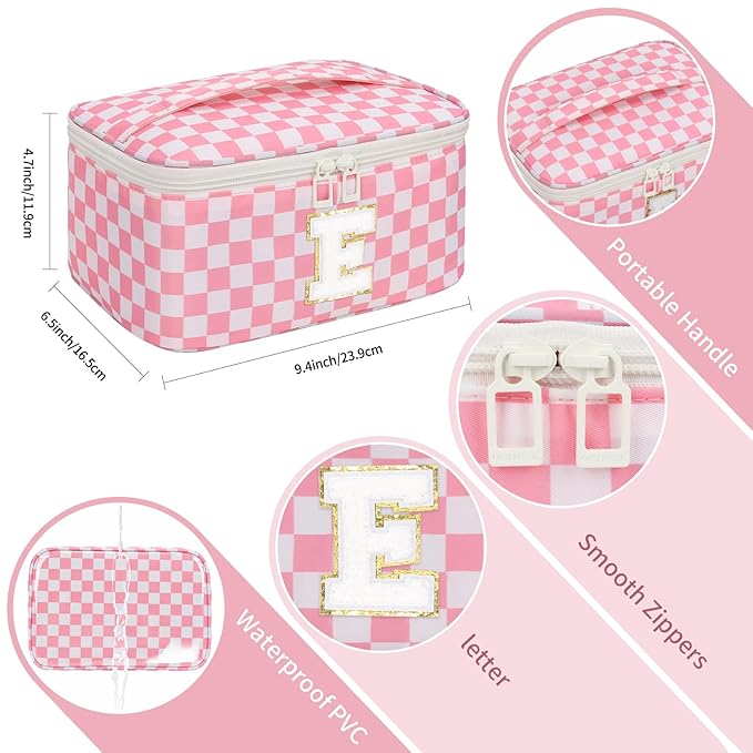 OCHEAL Makeup Bag for Women, Monogram Cosmetic Bag Pink Travel Makeup Case Beauty Toiletry Bag Organizer Personalized Gifts for Girls Bridesmaid, Sister, Wife, Friends Initial E