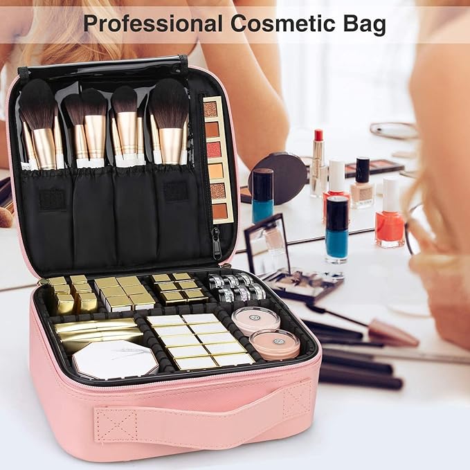 Bvser Travel Makeup Case, PU Leather Portable Organizer Makeup Train Case Makeup Bag Cosmetic Case with Adjustable Dividers for Cosmetics Makeup Brushes Women (Pink)