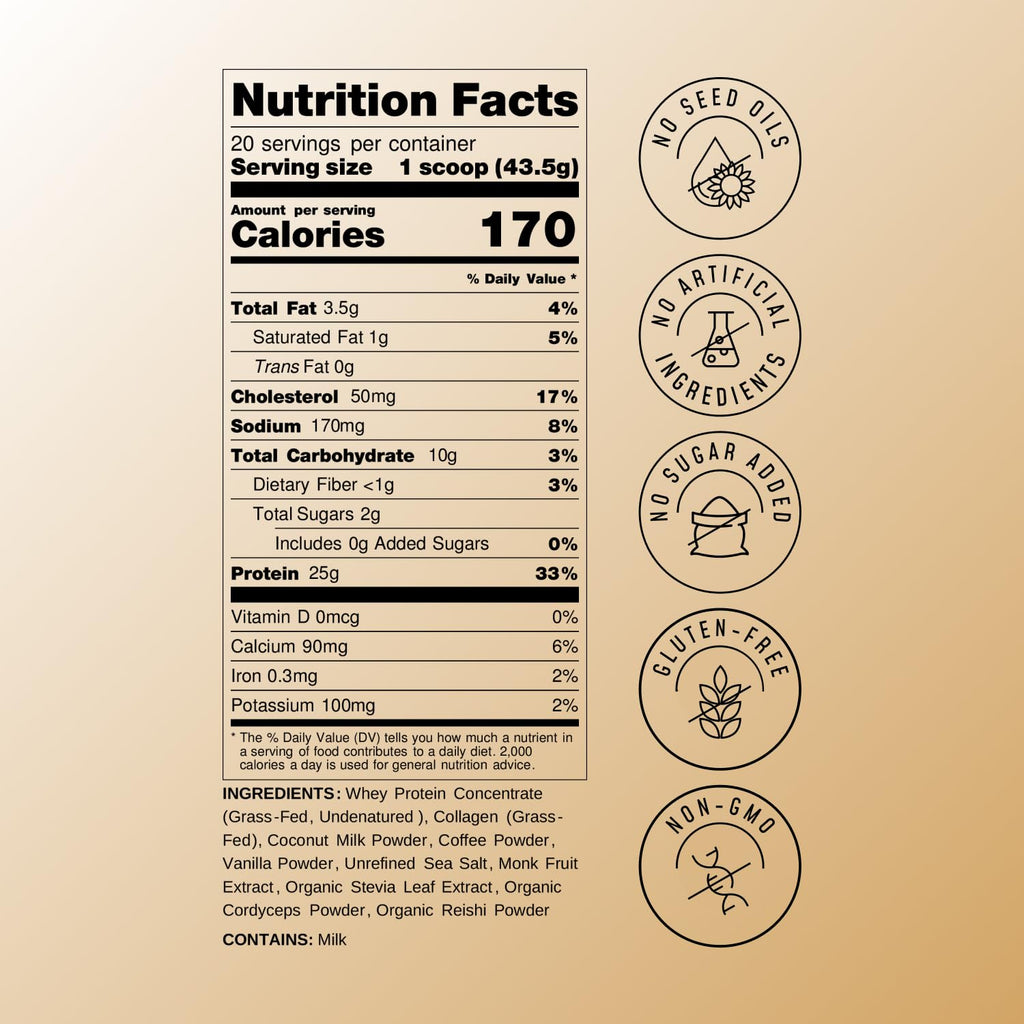 FlavCity All in One Protein Shake Powder, Vanilla Latte - 60mg Caffeine + Collagen Peptides, Reishi & Cordyceps - Focus, Skin, Hair & Joint Support - 100% Grass Fed Whey, 20 Servings