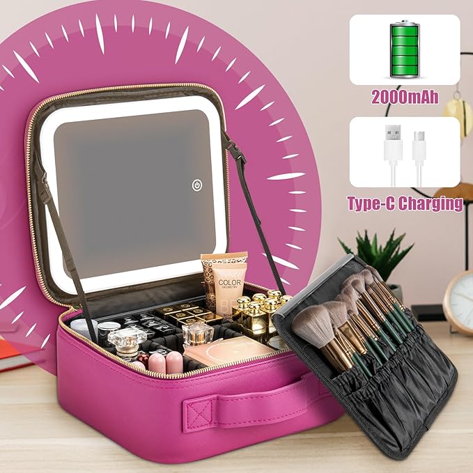 Extrei Gent Makeup Travel Train Case with Mirror LED Light 3 Adjustable Brightness Cosmetic Bag Portable Storage Adjustable Partition Waterproof Makeup Brushes Makeup Jewelry Gift for Women, Violet