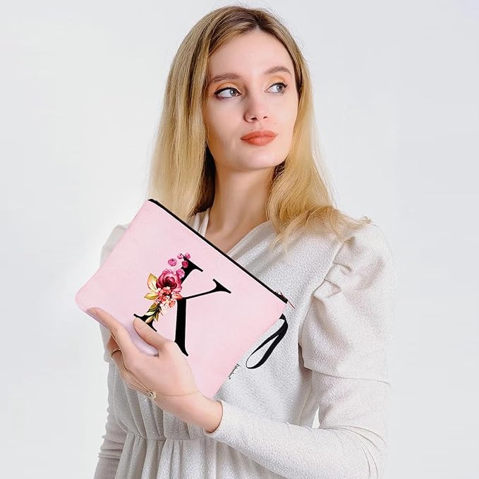Vavabox A-Z Personalized Makeup Bag, Birthday Gifts for Women Mom, Gifts for Best Friend, Bride Bridesmaid Cosmetic bag (K, 06-Pink)