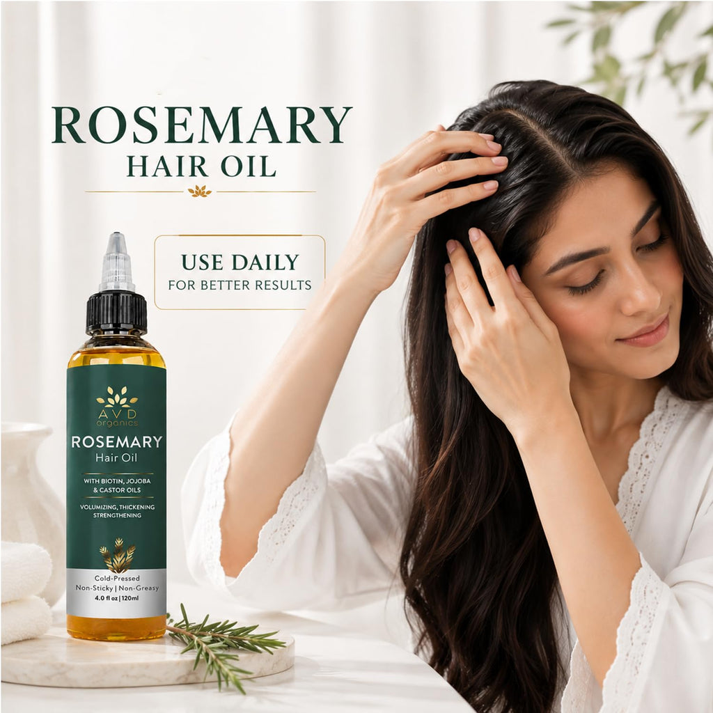 AVD ORGANICS Rosemary Oil for Hair Growth & scalp | Infused with Biotin | Hair Strengthening, Nourishing and Volumizing | infused with Jojoba & Castor Oil | NON - GMO 120ml
