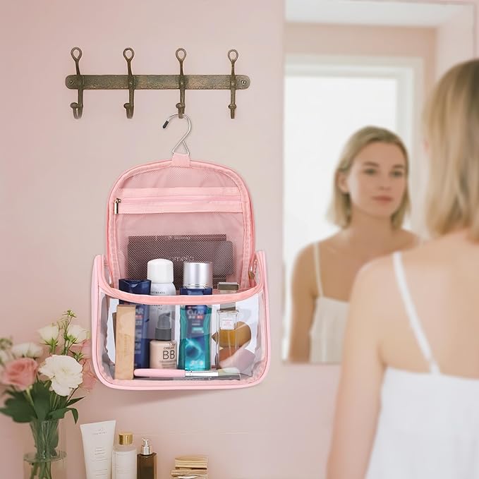 YFG Travel Toiletry Bag for Women & Men, Transparent Cosmetic Organizer with Hook, Portable, Organizer, for Travel-Sized Shampoo, makeup Accessories, Brushes Set, Conditioner, Medium Size Pink