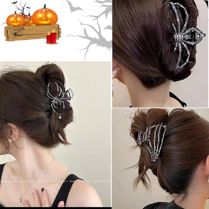Parcce 3 Pieces Large Metal Spider Net Hand Hair Claw Clips for Women and Girls Thick Long Hair, Nonslip Skeleton Spooky Barrette Headband Hair Styling Accessories for Halloween