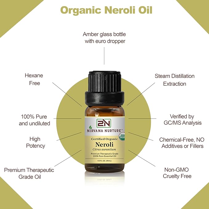 Nirvana Nurture Neroli Essential Oil, USDA Certified Organic, 100% Pure Undiluted, Aromatherapy Oil for Diffuser, Hair & Skin Care