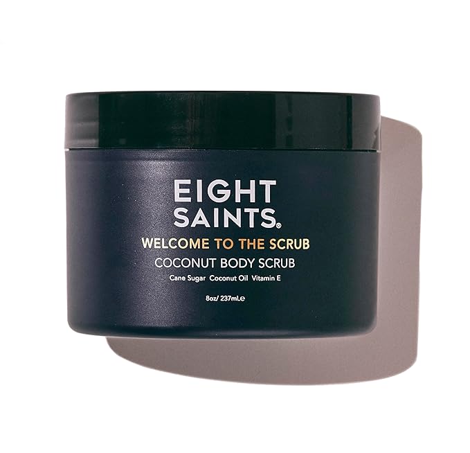Eight Saints Welcome to the Scrub Coconut Body Scrub, Sugar Scrub for Acne, Cellulite, Deep Cleansing, Scars, Wrinkles, Exfoliate & Moisturize Skin, with Cane Sugar, Coconut Oil, & Vitamin E, 8 Ounces