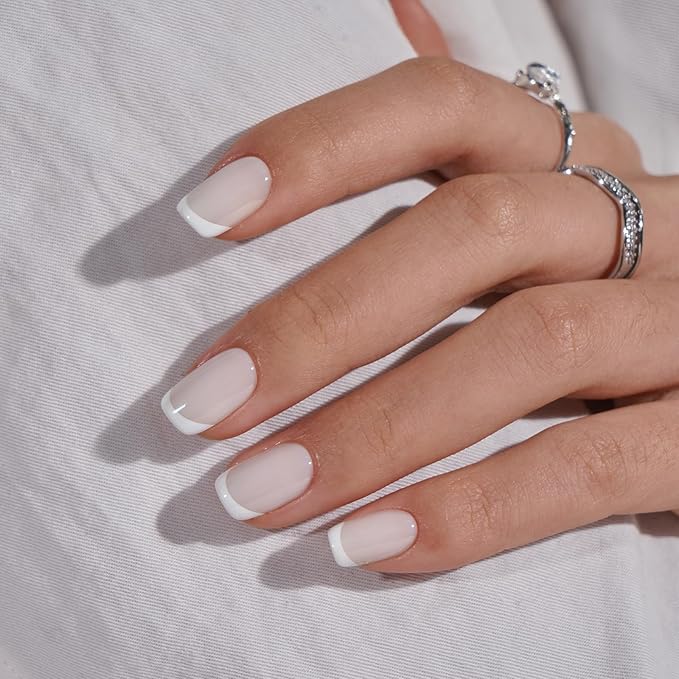 BTArtbox Press On Nails, Classic French, Short Square, White Nude, 30Ct