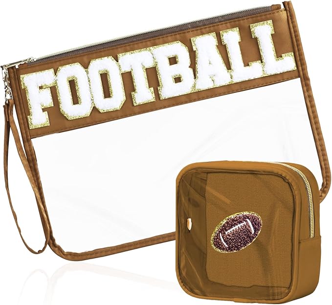 BuyCard 2 Pcs Football Gifts Makeup Bag with Chenille Letter Patch, Clear Cosmetic Pouch PVC Organizer Purse, Waterproof Travel Bag, Portable Toiletry Storage Bag for Her Girls Friends Women