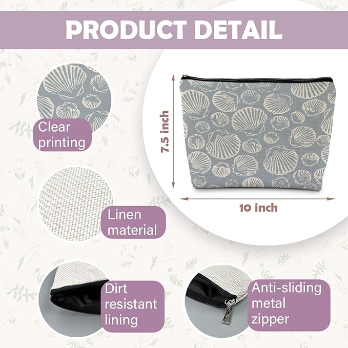 RYYCDOI Coastal Beach Makeup Bag - Aesthetic Sea Shell Cosmetic Pouch for Women, Beach Gifts, Vacation Gifts, Light Blue Beachy White Pouch