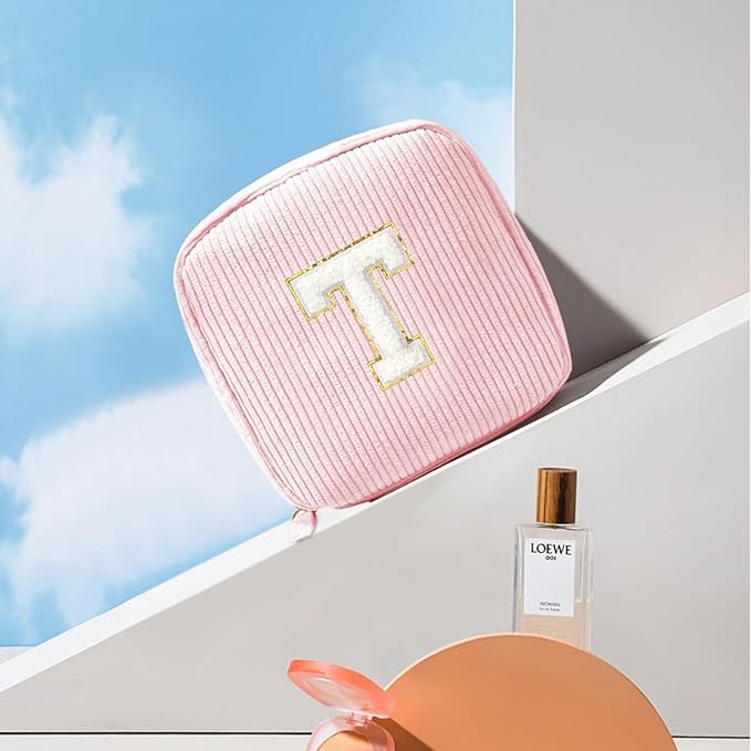 Cute Monogram Initial Makeup Bag - Pink Cosmetic Pouch Make Up Case, Friendship, Birthday Gifts(Letter T, Pink)