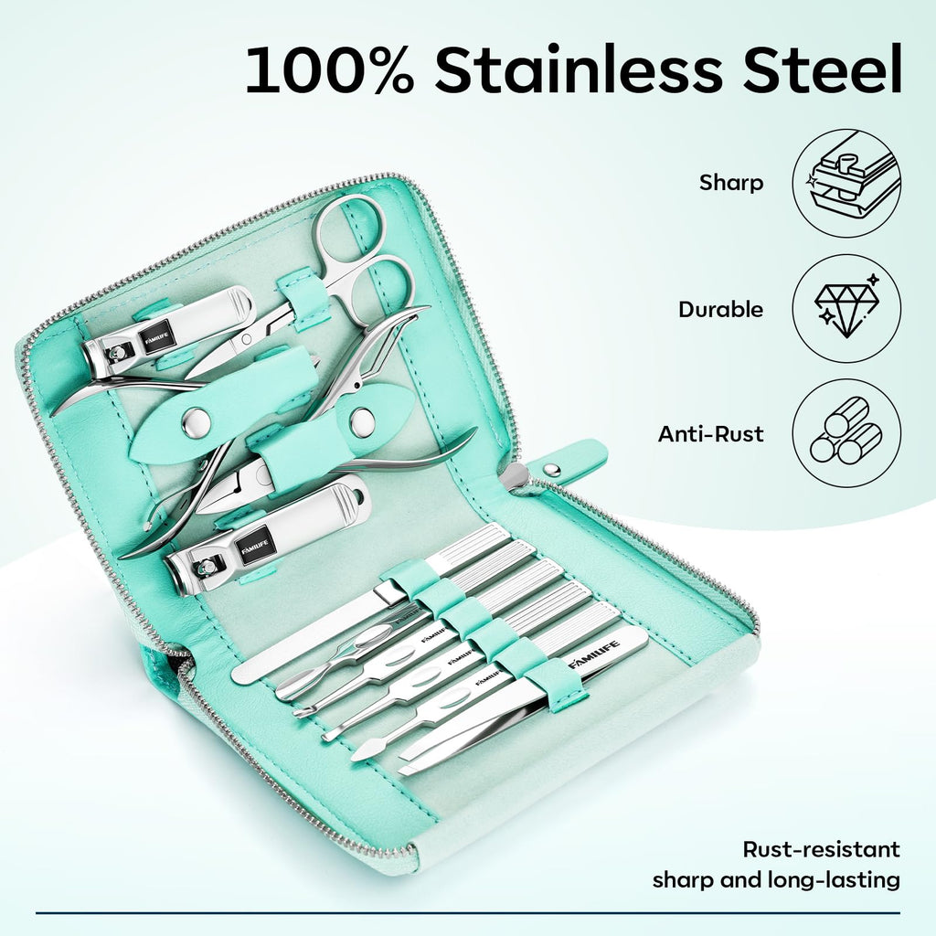 FAMILIFE Manicure Kit for Women, Professional Manicure Set Nail Clippers Set 11 in 1 Stainless Steel Pedicure Tools Nail Kit Men Grooming Tool with Portable Green Travel Case for Home, Travel