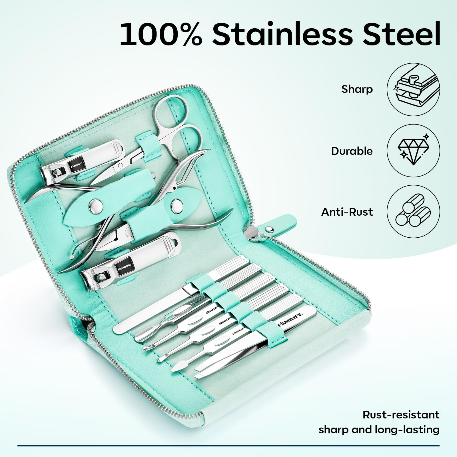 FAMILIFE Manicure Kit for Women, Professional Manicure Set Nail Clippers Set 11 in 1 Stainless Steel Pedicure Tools Nail Kit Men Grooming Tool with Portable Green Travel Case for Home, Travel