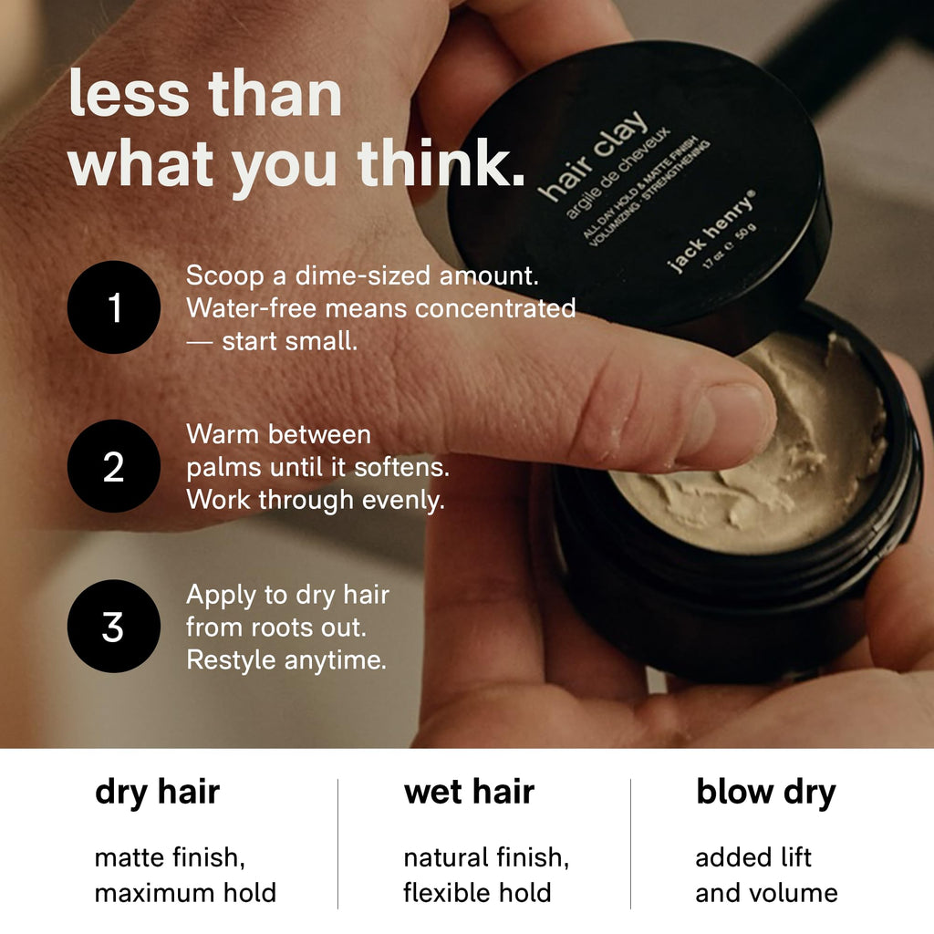 Jack Henry Hair Clay for Men - Wax-Based Flexible Matte Finish, All-Day Hold - Hair Styling Clay for All Hair Types, PVP-Free, Organic Award Winning Formula, Only 4 Ingredients - Natural Scent 1.6 oz