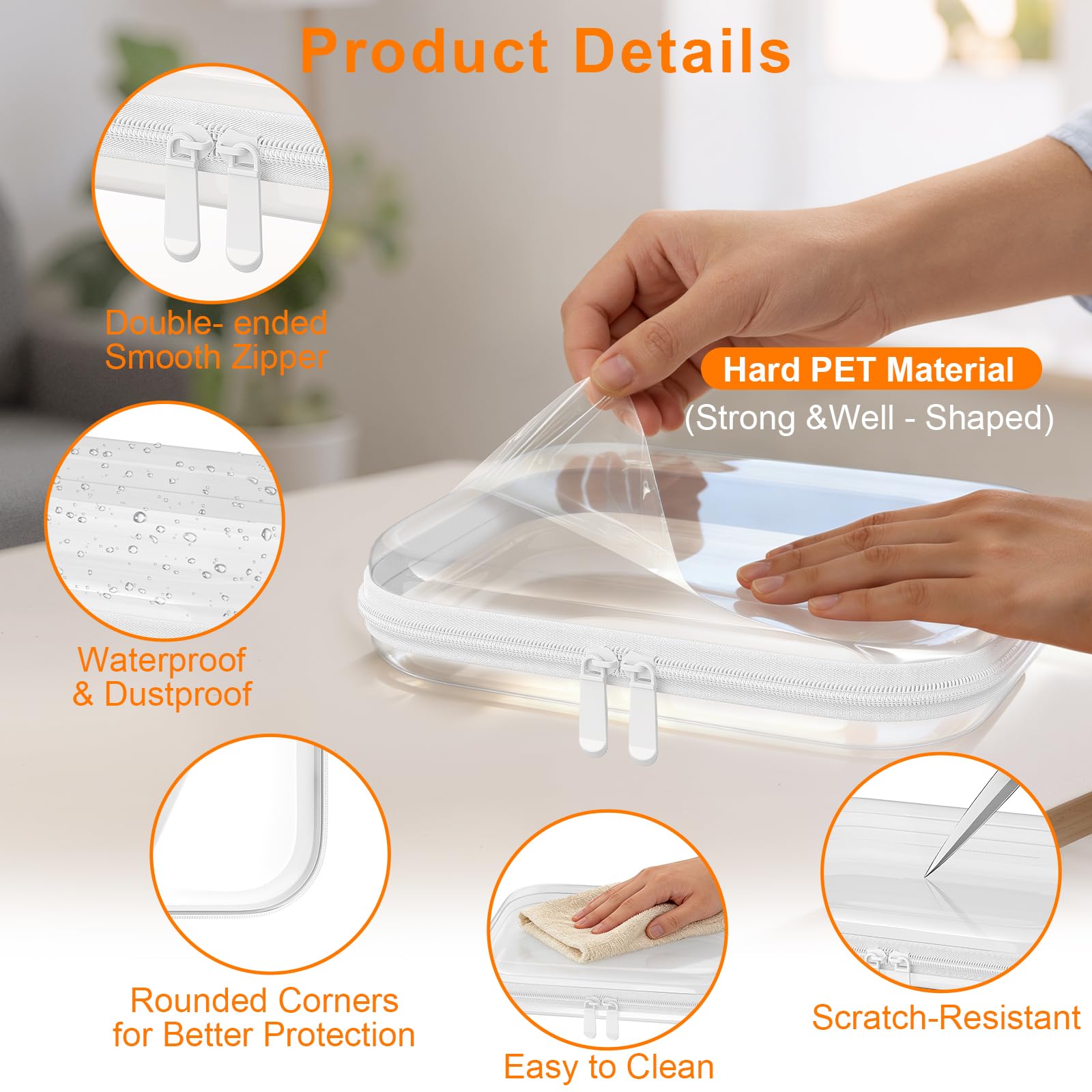 3PCS Clear Hard Shell Zipper Case,9.9*7.9*2in,Travel Toiletry Cosmetic Bags
