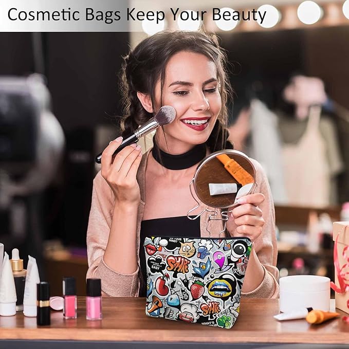 Kalygon Women Cosmetic Bag Graffiti, Rainbow Graffiti Social Media Signs Cute Makeup Bag For Purse Cosmetic Travel Bag For Toiletries Makeup Storage Bag Flax Skincare Bag Make Up Pouch Bags