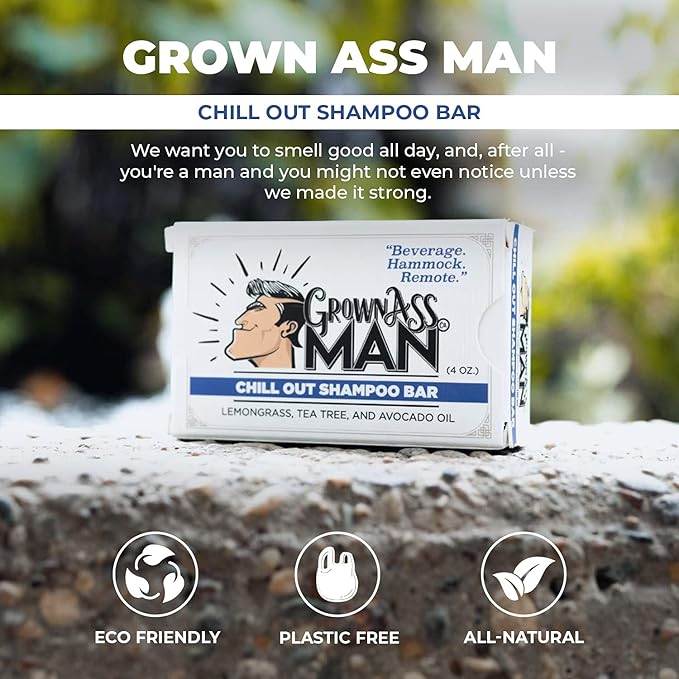 Grown Ass Man Co. - Solid Shampoo Bar Rich Lather 3 in 1: Hair, Beard & Body Wash - Plastic Free & Eco-Friendly, Natural & Organic Clean for All Hair Types, 4oz Bar (Chill Out, 6-Pack)
