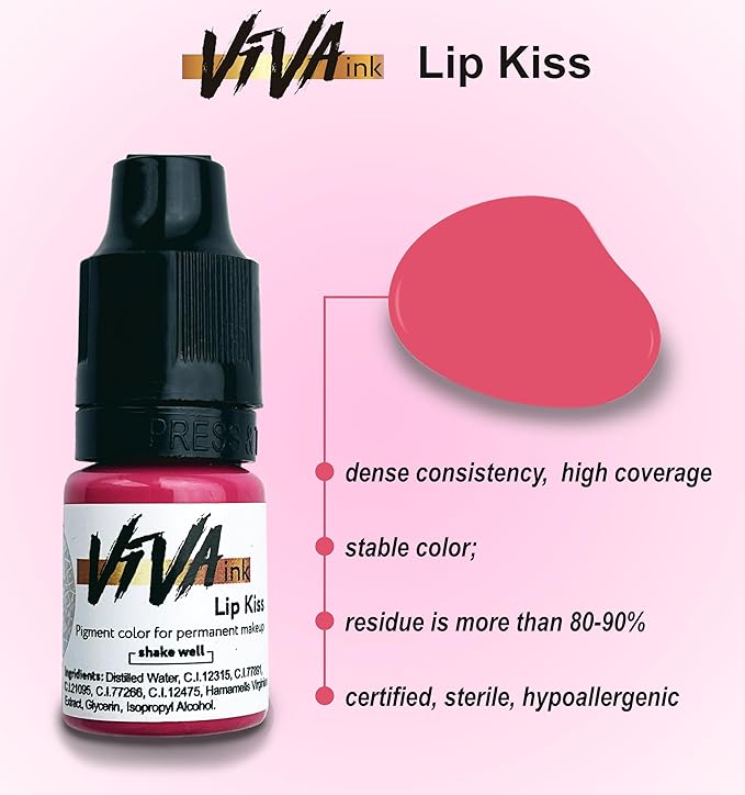 VIVA INK Lip Pigment – Lip Kiss – Permanent Lip Makeup – Microblading Ink for Durable and Colorful Lips – Long Lasting Color Lip Cosmetics (0.2 oz)