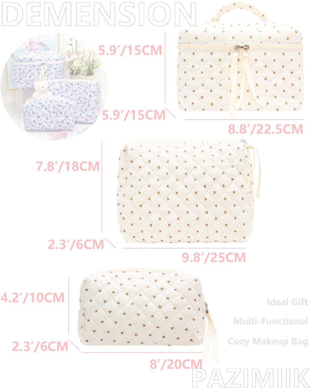 3 Piece Quilted Makeup Bag Set for Women,Cosmetic&Toiletry Bag,Gauze Heart